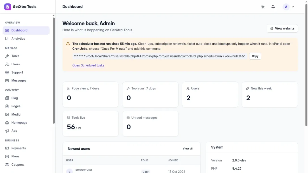 Admin dashboard of the PDF and image tools website