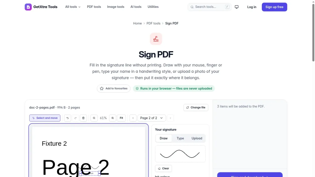Sign PDF tool: signing a PDF in the browser