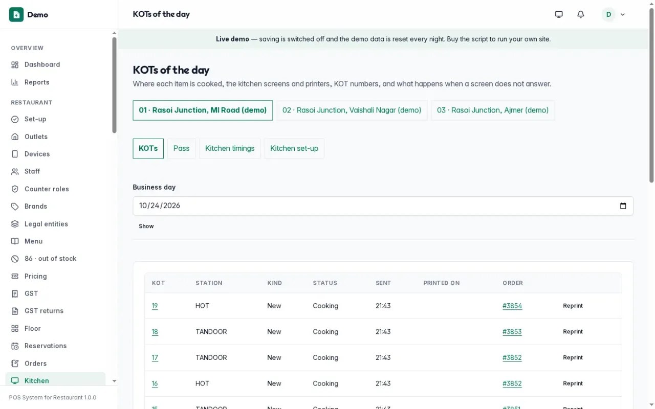 KOTs of the day per kitchen station with their status, the time sent and the order