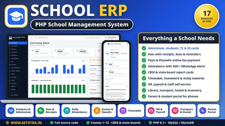 School ERP — the dashboard on a laptop and the parent portal on a phone