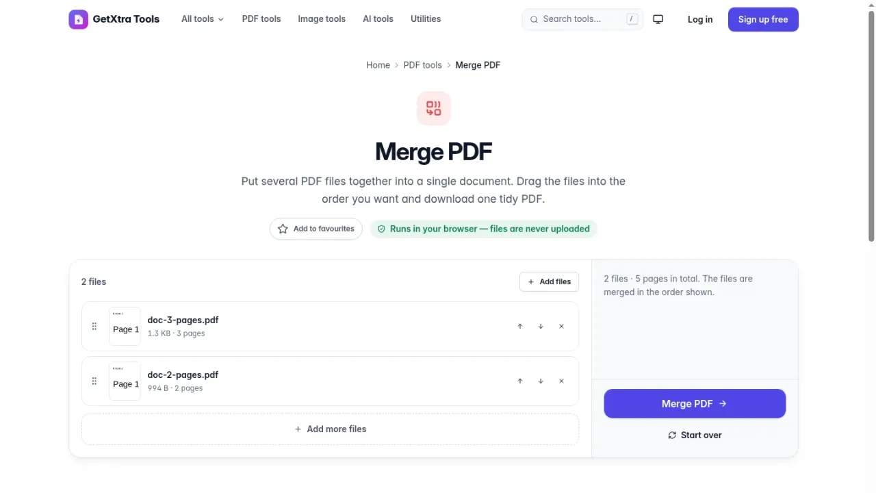 A PDF tool with the chosen files, processed in the browser without uploading them