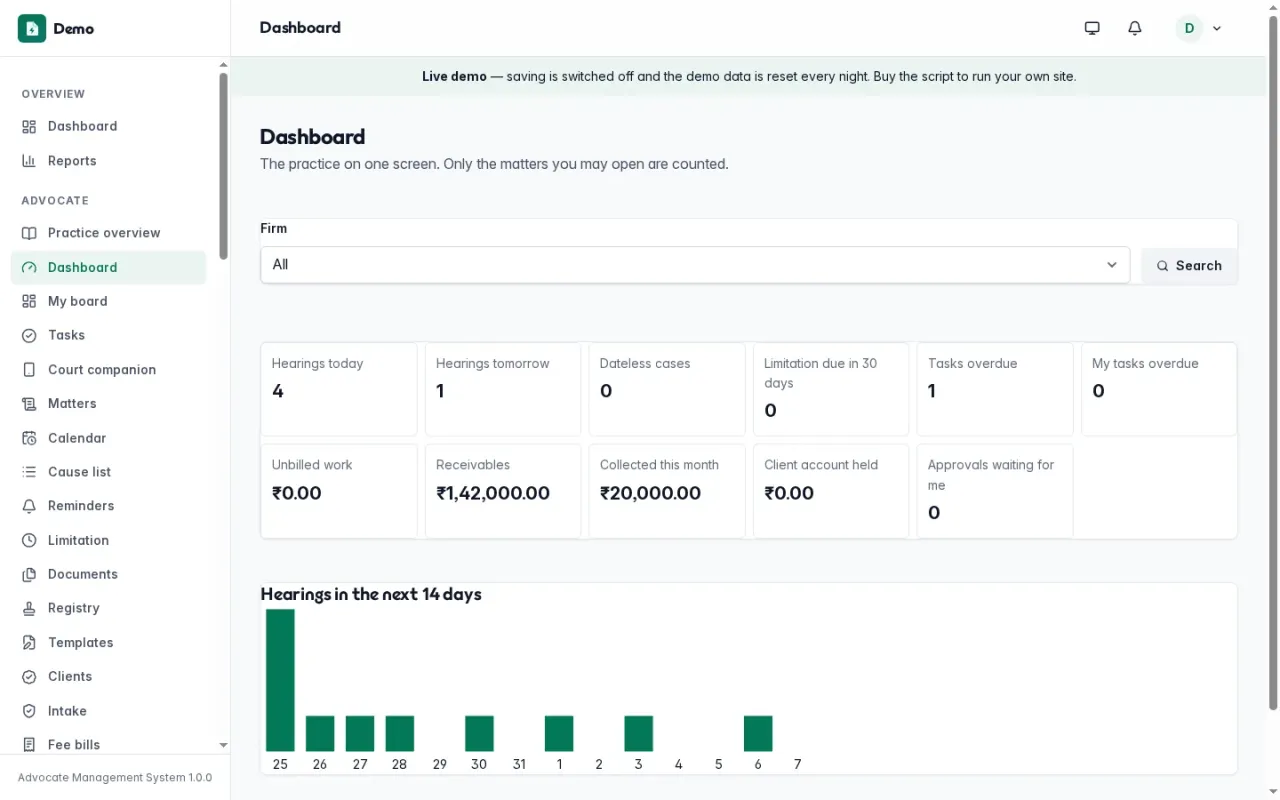 The firm's dashboard with today's hearings, open tasks and receivables