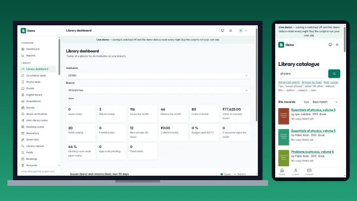 Library Management System — the library dashboard on a laptop and the catalogue search on a phone