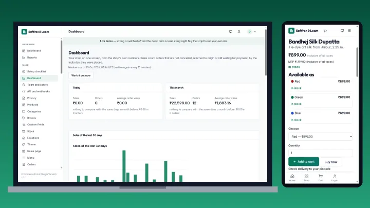 Ecommerce Portal (Single Vendor) — the shop dashboard on a laptop and a product page on a phone