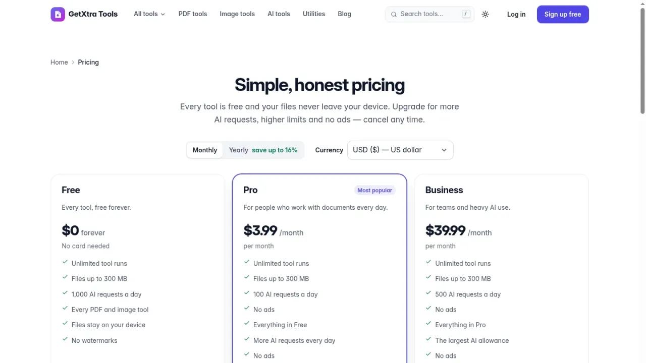 Pricing page with monthly and yearly paid plans