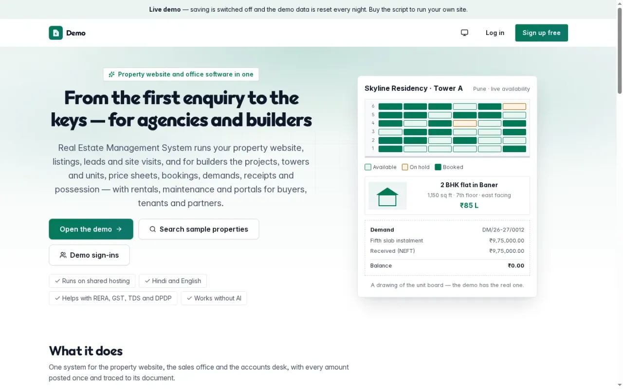 Real Estate Management System home page: from the first enquiry to the keys, for agencies and builders