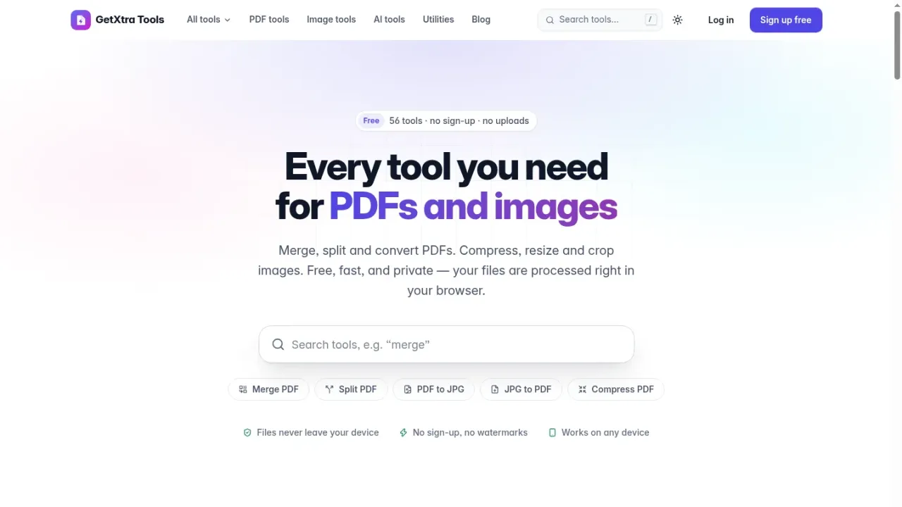 Online PDF tools website home page with instant search and the PDF, image and AI tool categories