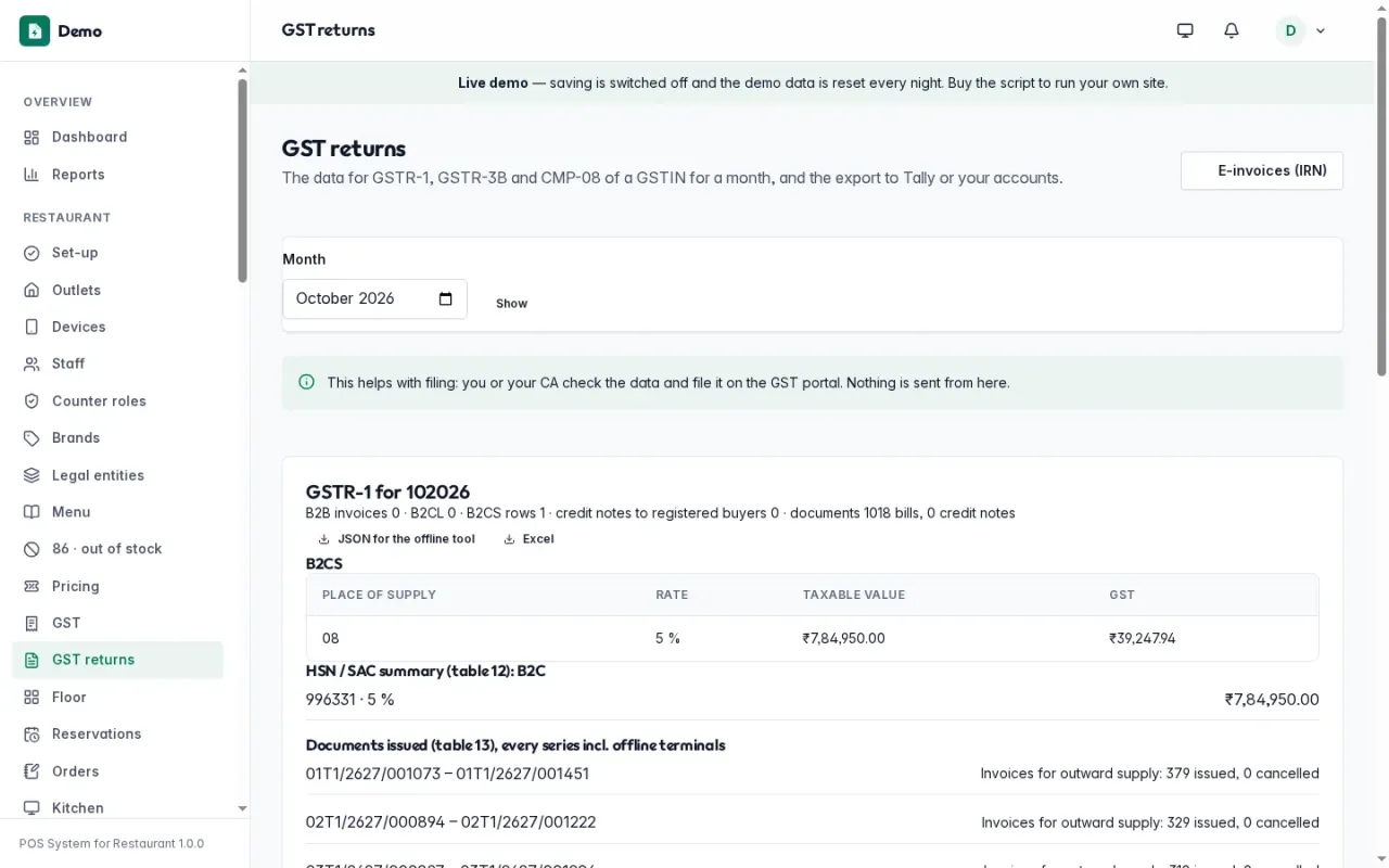 GST returns: GSTR-1 sections and the GSTR-3B summary for one GSTIN and month