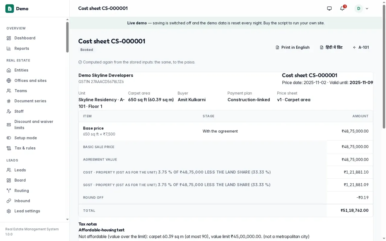 A buyer's cost sheet of a booked flat with its price and charges