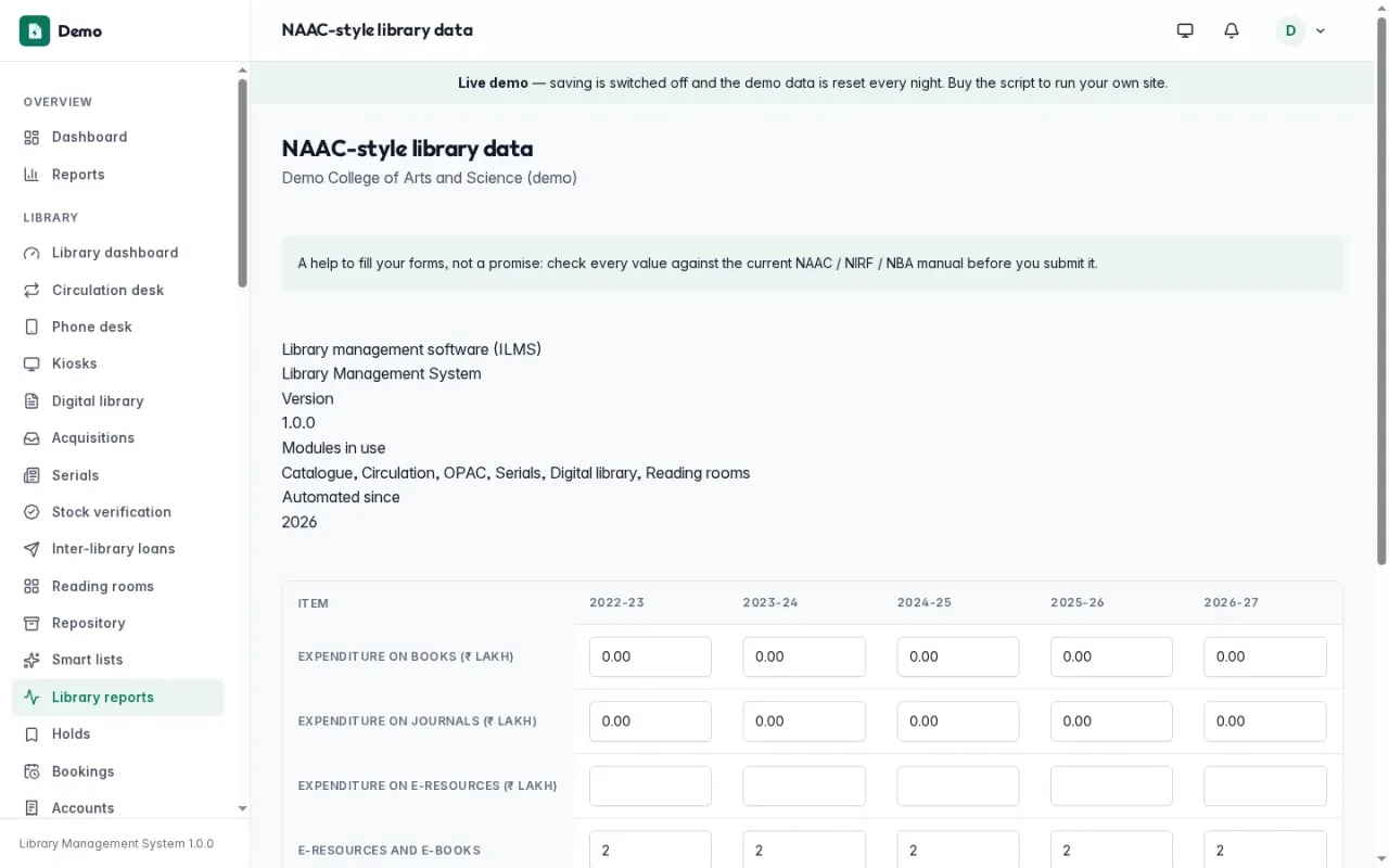 NAAC-style library data table for the academic year