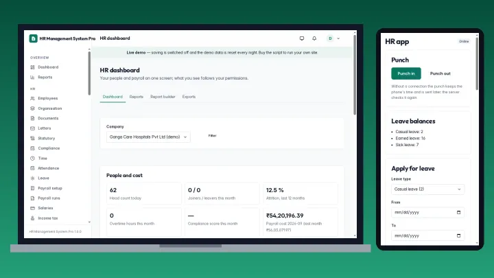 HR Management System Pro — the HR dashboard on a laptop and the employee HR app on a phone