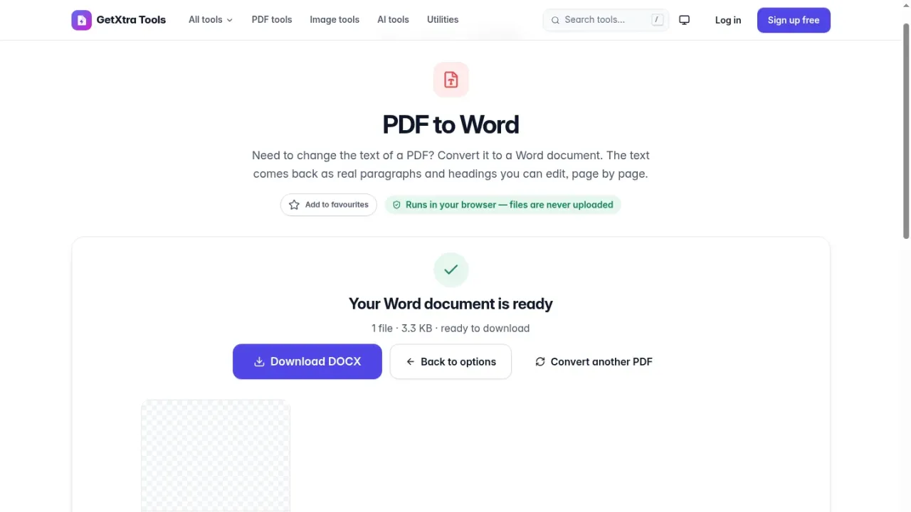 PDF to Word converter result, made in the browser