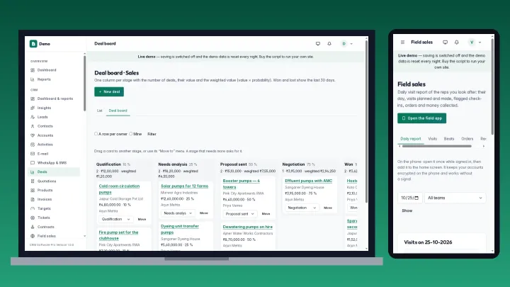 CRM Software Pro Version — the deals board on a laptop and the field sales report on a phone