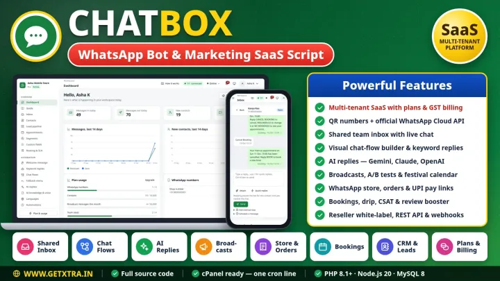 ChatBox WhatsApp bot SaaS script — workspace dashboard on a laptop and the inbox on a phone