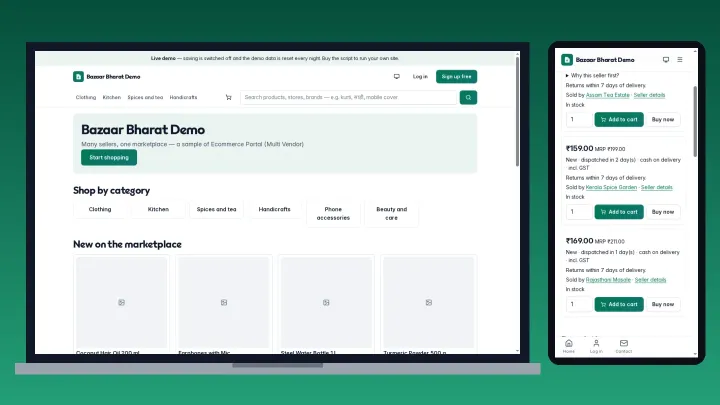 Ecommerce Portal (Multiple Vendor) — the sample marketplace storefront on a laptop and a product with three sellers' offers on a phone