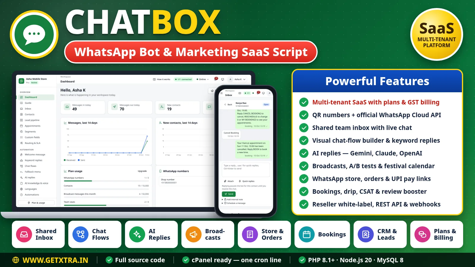 ChatBox WhatsApp bot SaaS script — workspace dashboard on a laptop and the inbox on a phone