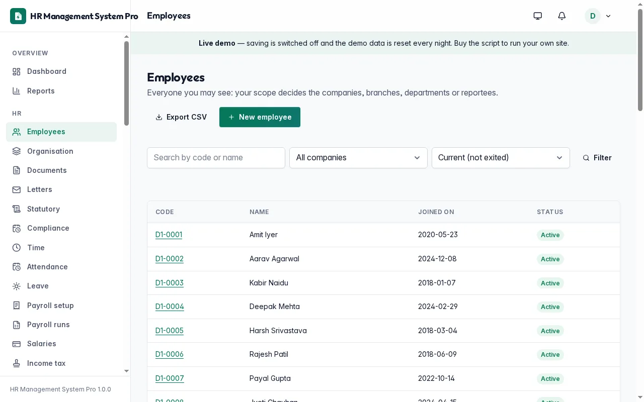 Employee list with filters by company, branch and department