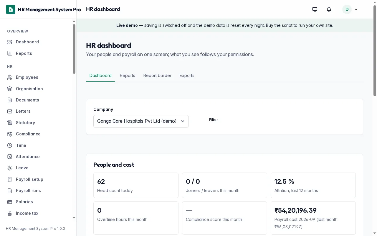 HR dashboard with head count, attendance today and payroll status