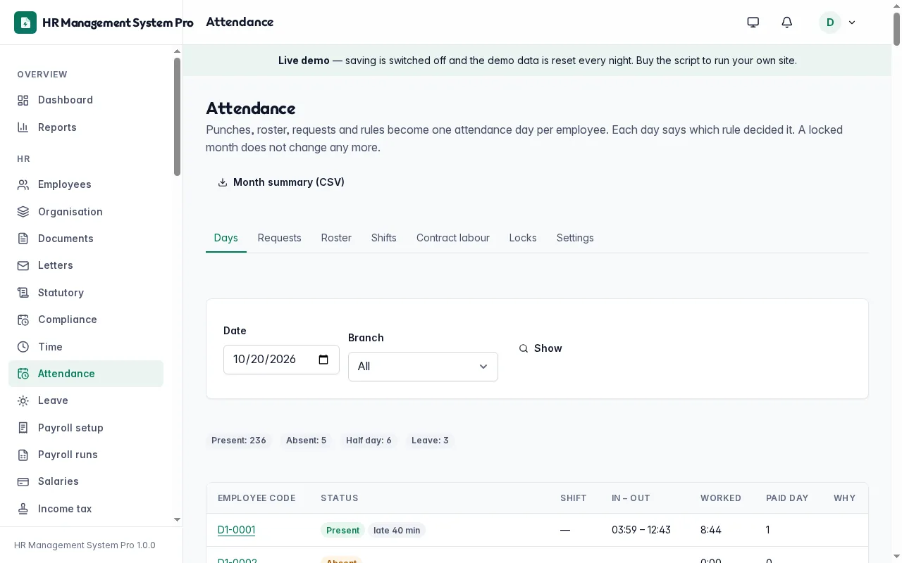 Attendance days per employee with present, absent, half day and leave counts