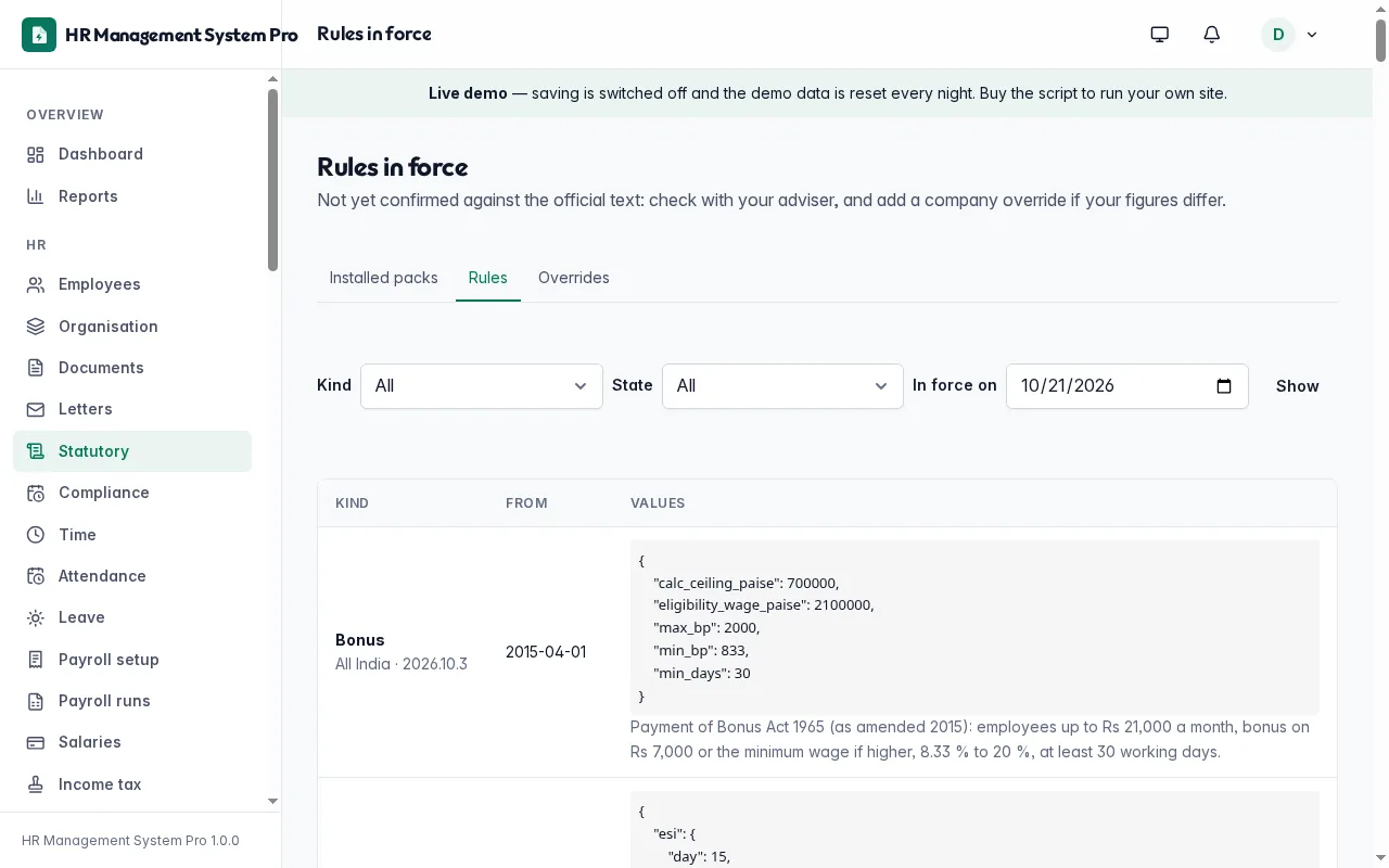 Statutory rules with effective dates and the to-review marks
