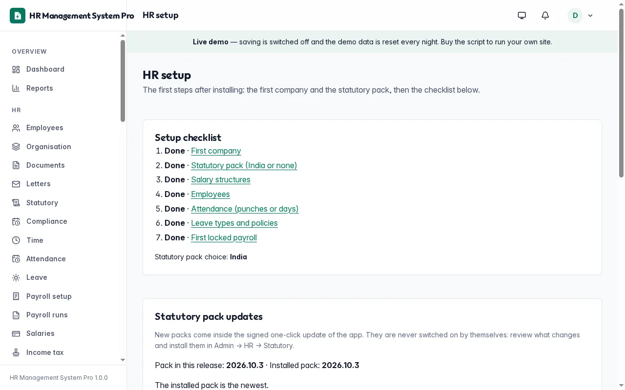 Setup checklist with the first company, statutory pack and sample import files