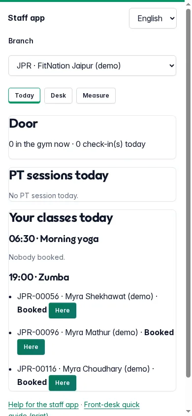 Staff app on a phone with today's door count, PT sessions and the classes with their rosters