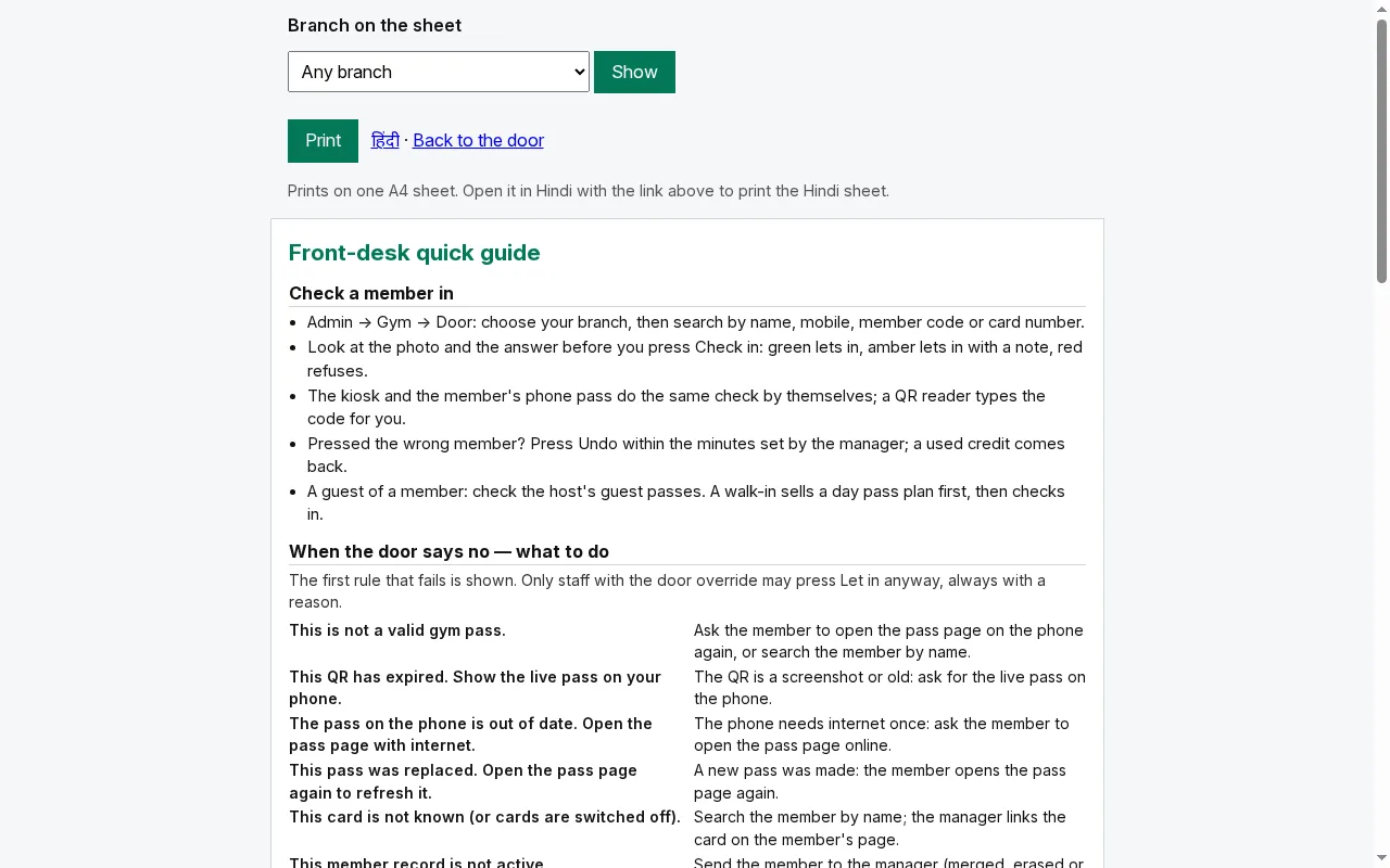 Printable front-desk quick guide with check-in and every door refusal with what to do