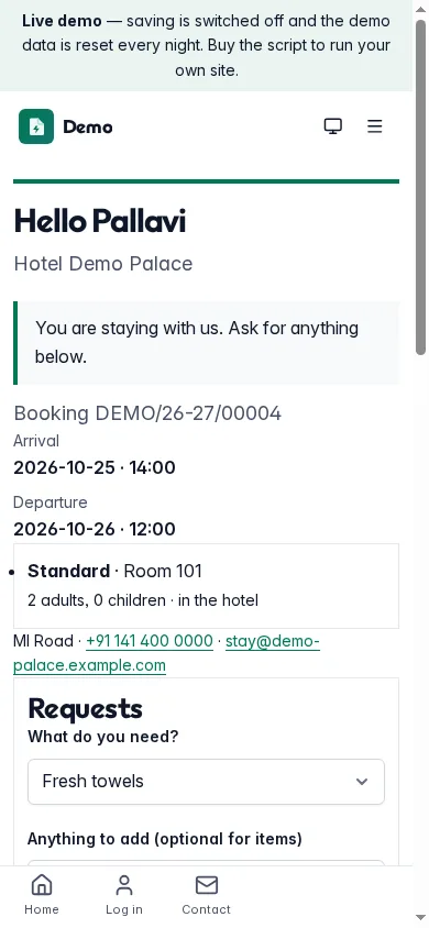 Guest portal on a phone with the stay, the room and requests