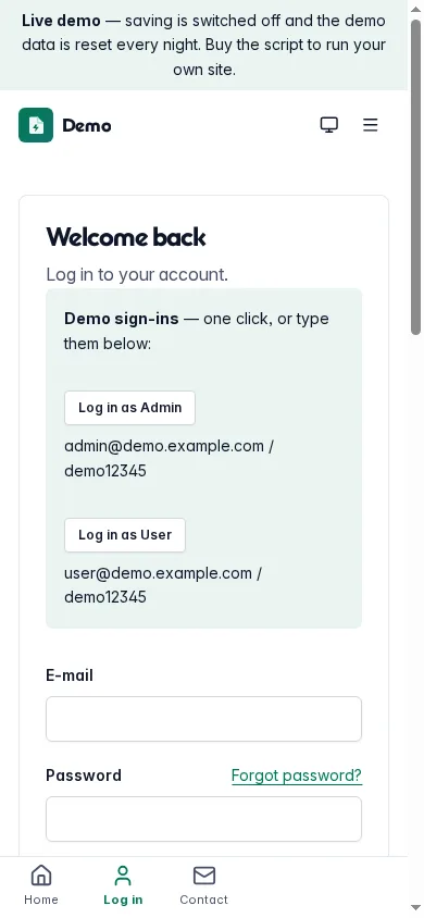 The demo sign-in page on a phone with one-click demo sign-ins