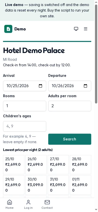 Booking on a phone: the hotel's own booking engine with dates, rooms and the lowest price
