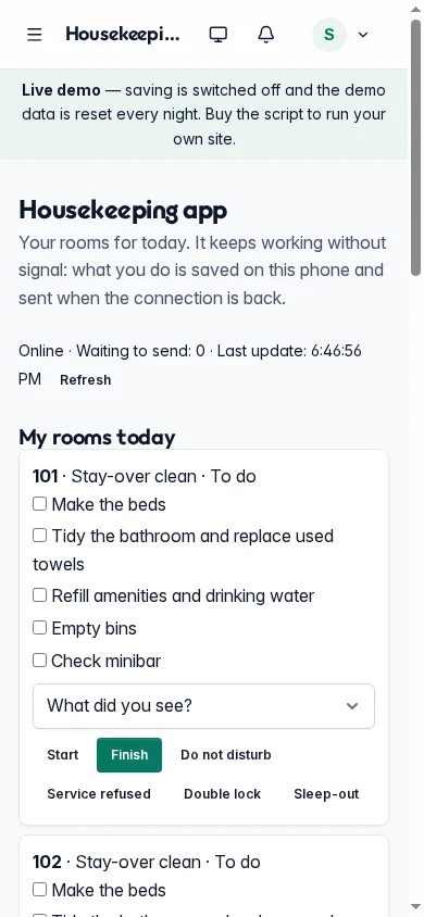 Housekeeping app on a phone with the rooms to clean today and their checklist