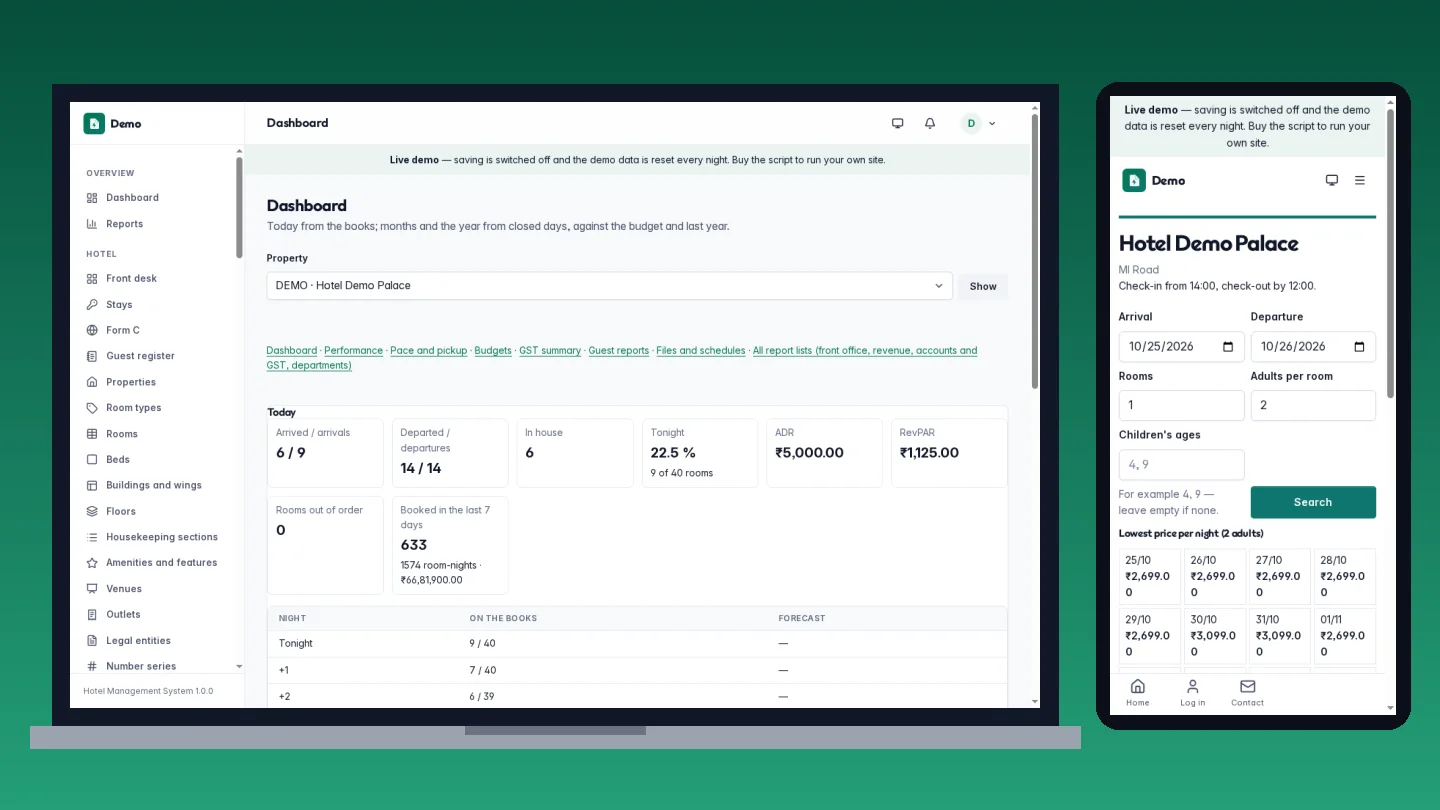 Hotel Management System — the hotel dashboard on a laptop and the booking engine on a phone