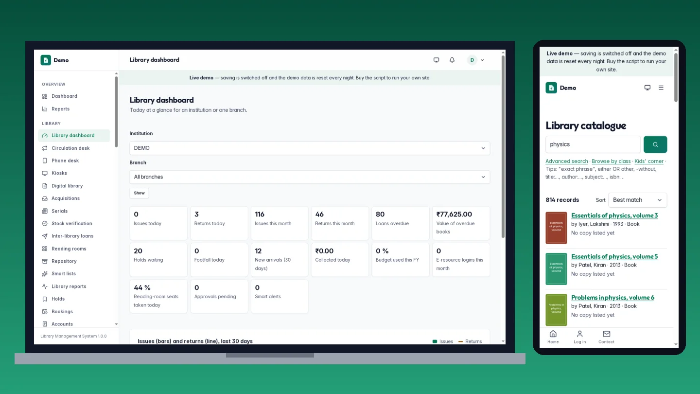 Library Management System — the library dashboard on a laptop and the catalogue search on a phone