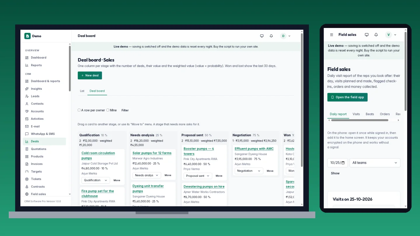 CRM Software Pro Version — the deals board on a laptop and the field sales report on a phone