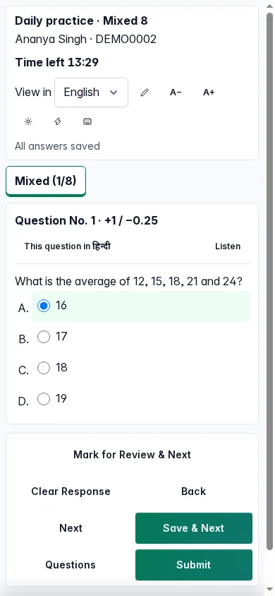 The test screen on a phone with the timer and the question