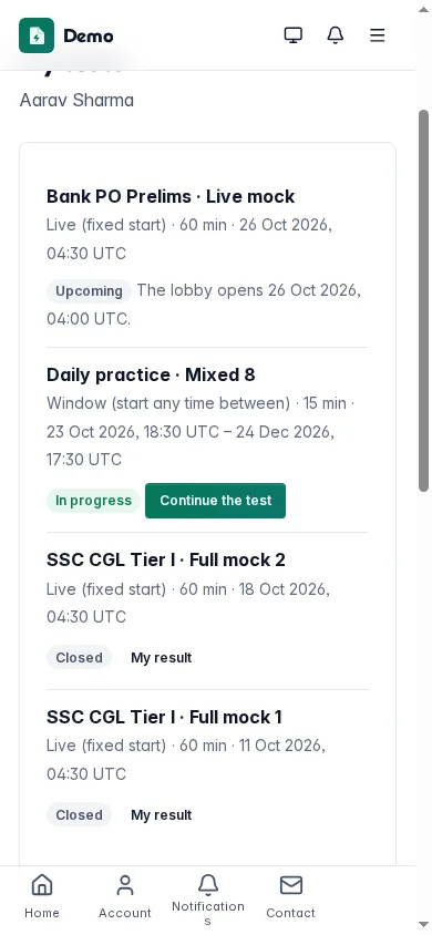 The student's tests on a phone: the open practice test and the next live mock