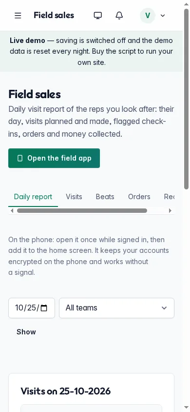 The field sales daily report on a phone: visits, orders and money collected