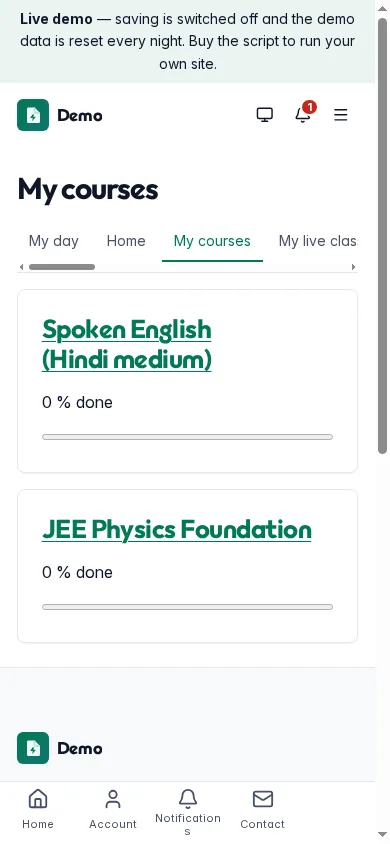 The learner's courses with progress on a phone