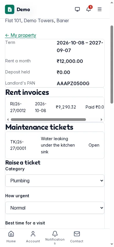 The tenant portal on a phone: the lease with its rent invoices
