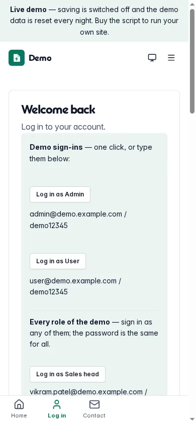 Demo sign-in page on a phone with one sign-in per role
