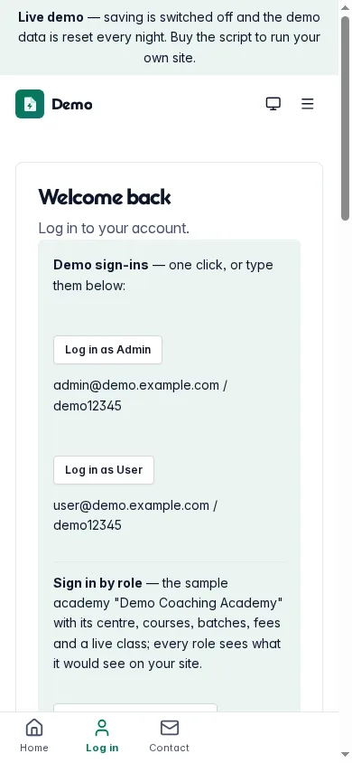 Demo sign-in page on a phone with one sign-in per role