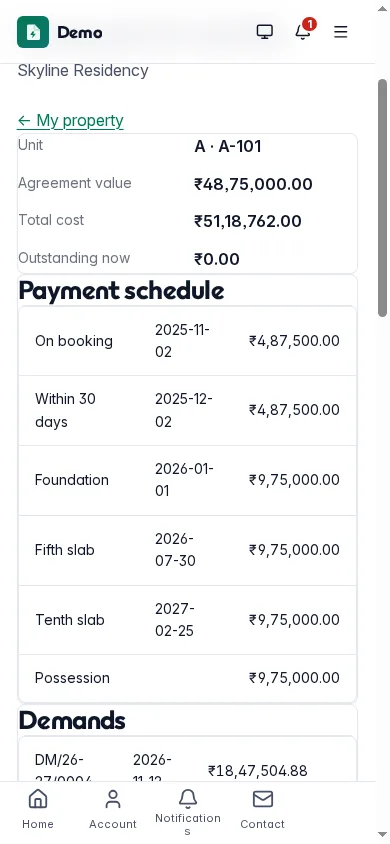 The buyer portal on a phone: the booking with its payment schedule