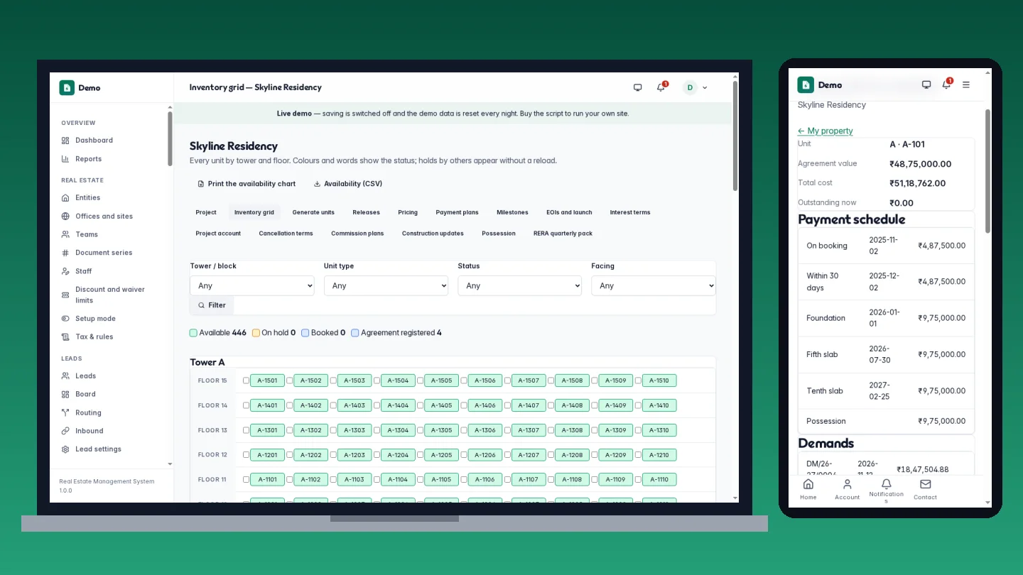 Real Estate Management System — the unit board of a project on a laptop and a buyer's booking on a phone